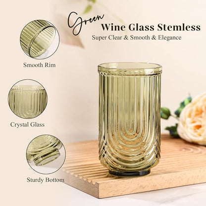 Green Vintage Drinking Glasses Set of 6-17oz Hand-Blown Highball Ribbed - Image 4