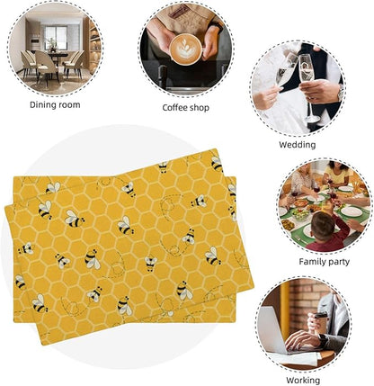 Mustard Yellow Placemats Set of 4 Cute Honey Bee Summer Decor Place Mats 12x18 Inch Honeycomb Seasonal Holiday Decorative Linen Table Mats for Home Kitchen Dining Party Table Decoration