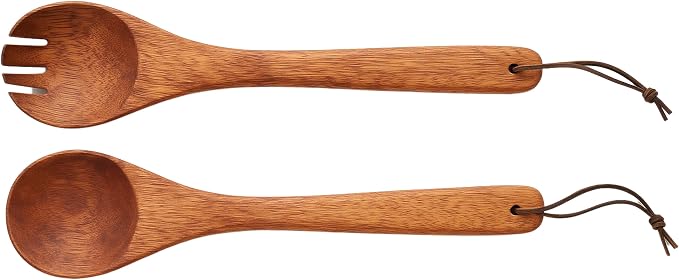 Woodard & Charles 14" Wood Salad Servers w/Leather Strap, Cherry Stain | - Image 4