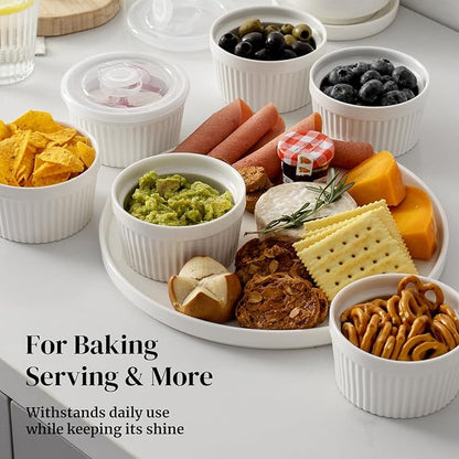 DOWAN Ramekins 8 oz Oven Safe with Lids, Creme Brulee Ramekins Bowls, Porcelain Ramiken Souffle Dishes, Custard Cups for Baking, Small Bowls for Pudding Dip Sauces Charcuterie Dessert, Soft White, Set of 6