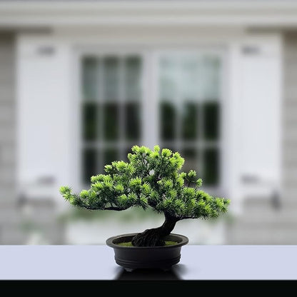 Artificial Bonsai Tree Fake Plants for Home Decor, Living Room Bathroom Bookshelf Entryway Table Wall Shelf Modern Farmhouse Decor, 9.5" Tall, Green