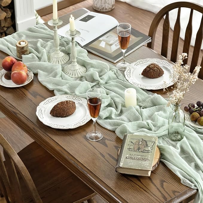 Artoid Mode Boho Sage Green Gauze 6 Pieces Wedding Table Runner, 120 Inch - Image 6