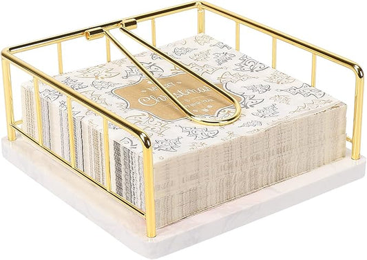 Livabber Flat Napkin Holder, Metal Kitchen Napkin Storage with Weighted Tension Arm Rustic Tissue Paper Dispenser for Countertop, Table Kitchen, Dining Room (With Marble Base, Gold)
