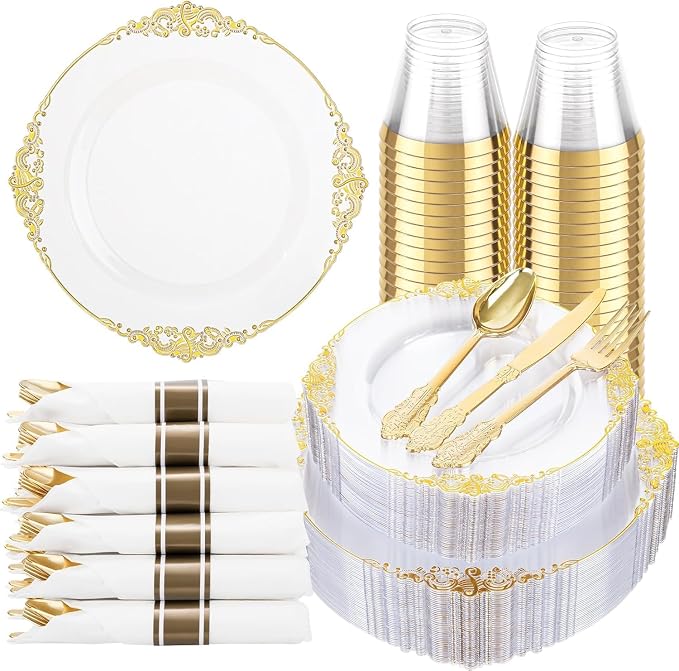 175pcs Clear and Gold Plastic Plates by Hioasis