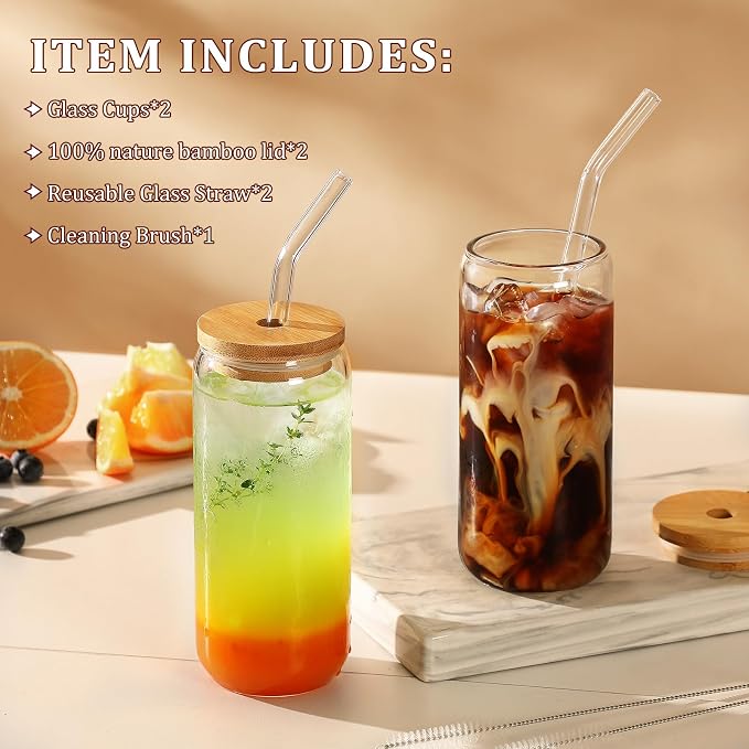 VITEVER 20 OZ Glass Cups with Bamboo Lids and Glass Straw - Image 3