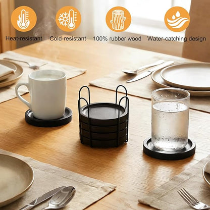 Wooden Coasters for Drinks Set of 6 with Holder, Handicrafted Solid Wood Coasters, Minimalist Tabletop Protection for Coffee Table, Rustic Home Decor & Housewarming Gift
