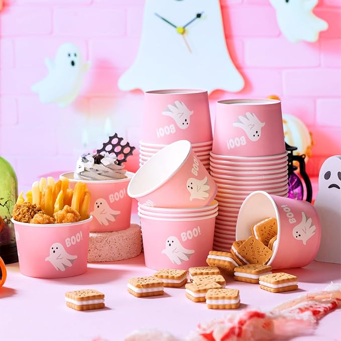 CHENGU 180 Pcs Halloween Snack Cups 9 oz Disposable Ghost Paper Ice Cream Bowls - Image 5