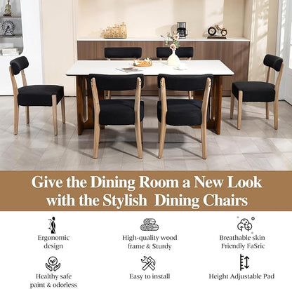 Dining Chairs Set of 6,Mid Century Modern Dining Chair Set - Linen Upholstered Low Back Kitchen & Dining Room Chairs with Woven Design,Black Fabric
