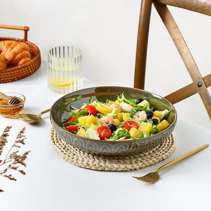 Sureasy 9.7" Pasta Bowls Set of 4-42 oz Large Salad Bowls for Kitchen, Embossed Ceramic Serving Bowls for Fruits, Soup, Pasta and Salad, Microwave & Dishwasher Safe, Green