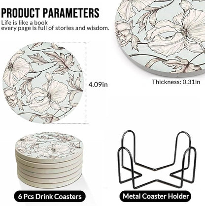 Ceramic Coasters Set of 6, Marble-Textured Design with Holder - Absorbent Cork-Backed Coasters for Cups, Bar & Coffee Table Decor Accessories (Flower-Leaves, 6 Pack)