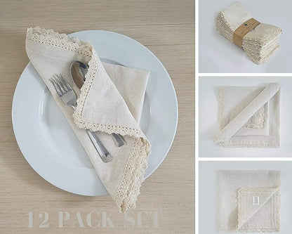 Fingercraft Dinner Napkins Cloth Cotton Blend 12 Pack Premium Quality Mitered Corners Small Table Napkins with Classic Ivory Lace 12 inch Size for Every Day Use in Home and Restaurant Ivory
