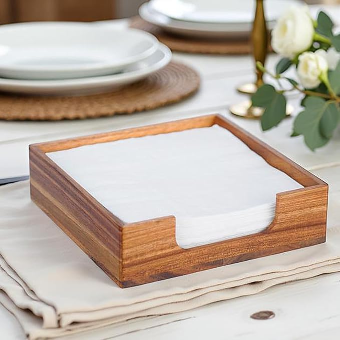 Acacia Napkin Holder for Table, 4 Non Slip Pads, Luncheon Paper Napkins - Image 2