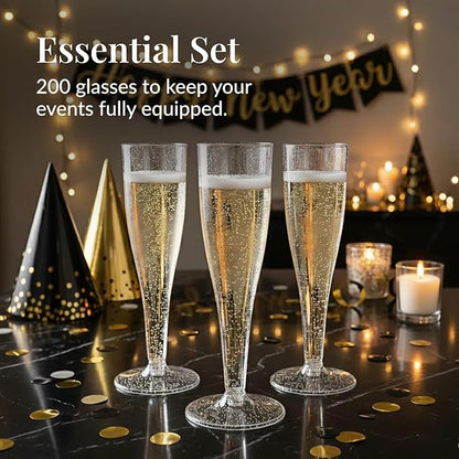 Prestee 200 Disposable Champagne Flutes Plastic 200 Pack - Silver Glitter Champagne Flutes for Weddings, Parties, and New Year’s Eve - 4.5 Oz Plastic Silver Party Glasses