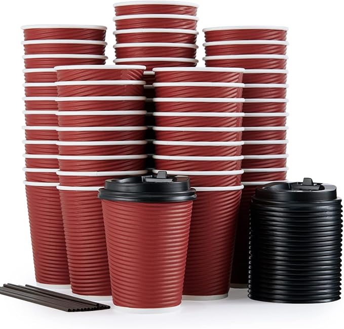 LITOPAK Coffee Cups 12 oz, 80 Pack Insulated Ripple Wall Hot Paper Cups | Three by LITOPAK