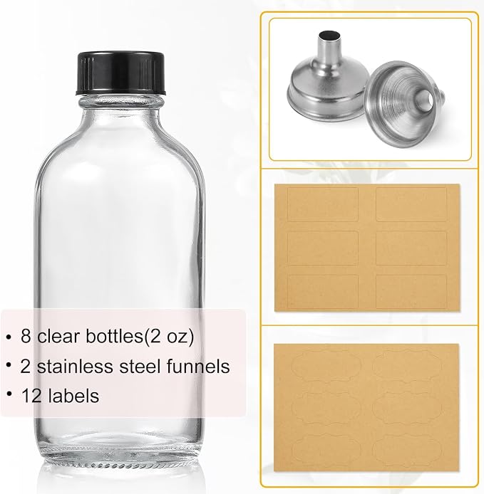 AOZITA 8 Pack, 2 oz Small Clear Glass Bottles w/Lid & 2 Funnels - 60ml Boston - Image 2