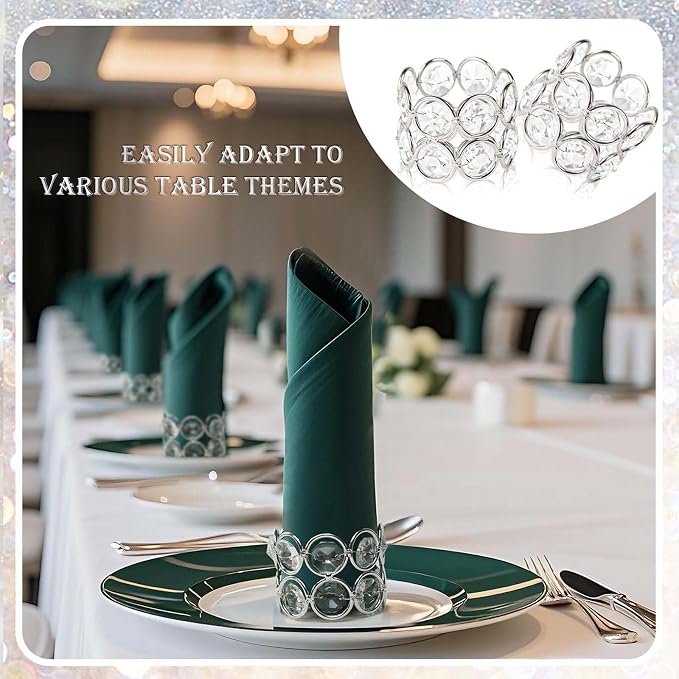 Crystal Metal Napkin Rings Set, Elegant Wedding/Party Table Decor, Shiny - Image 6