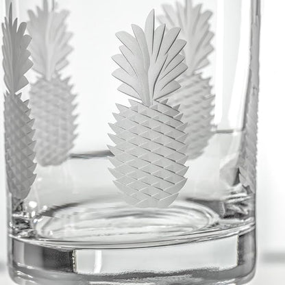 Rolf Glass Fresh Pineapple Double Old Fashioned Glass | 13oz Etched Whiskey Tumblers | Lead-Free and Diamond-Wheel Engraved | Made in the US | Tropical Etched Pineapple Design | Set of 4