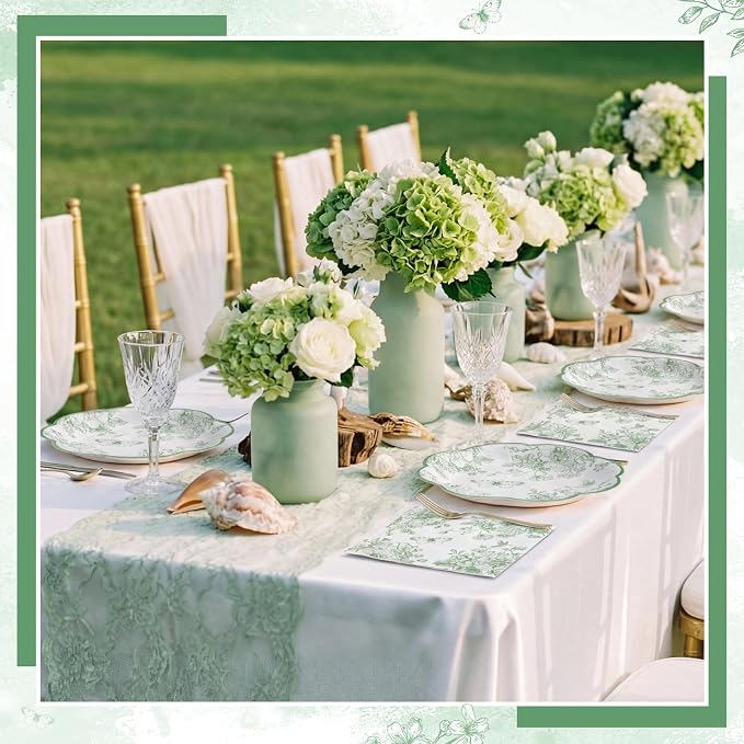 50 Pcs Sage Green Floral Plates and Napkins, Paper Floral Party Supplies | - Image 6