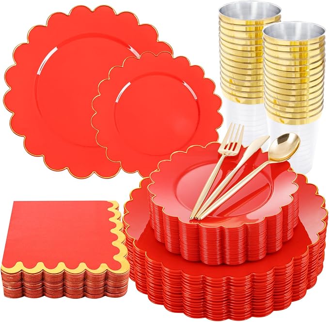 LIYH 210pcs Red Gold Scalloped Plastic Plates, Elegant Party Dinnerware | Heavy by LIYHLoveinyourheart