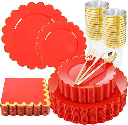 LIYH 210pcs Red Gold Scalloped Plastic Plates, Elegant Party Dinnerware | Heavy by LIYHLoveinyourheart