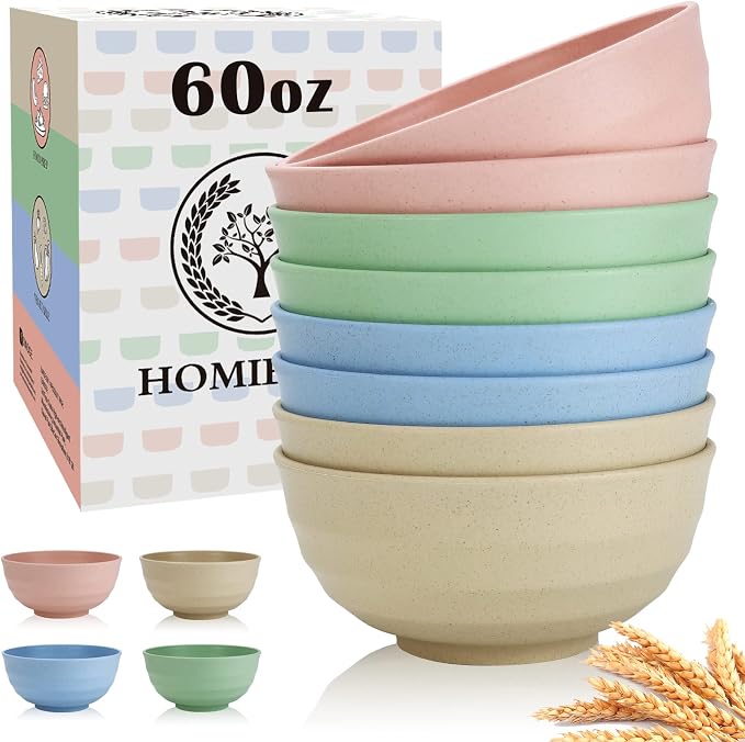 Large Wheat Straw Bowls 60oz Light Color Bowl Set of 8 by HOMIENLY