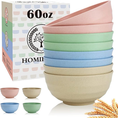 Large Wheat Straw Bowls 60oz Light Color Bowl Set of 8 by HOMIENLY