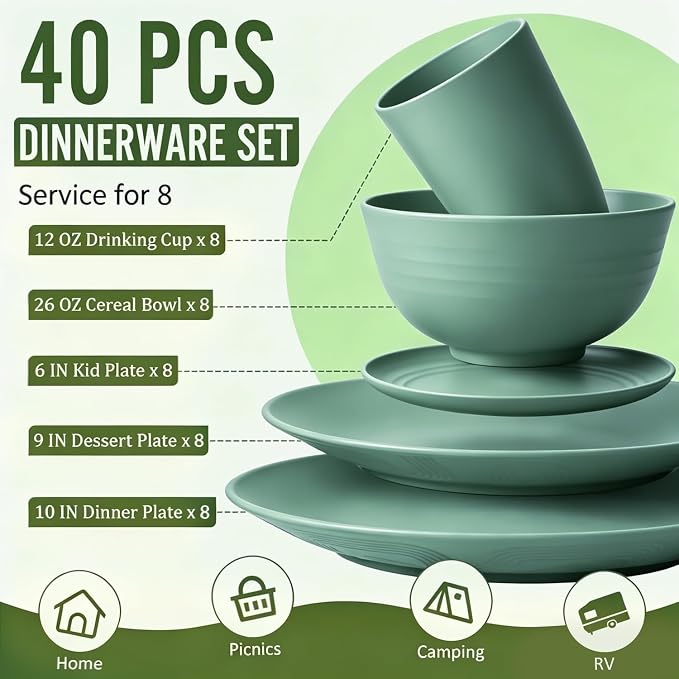 Wheat Straw Dinnerware Sets 40 PCS Unbreakable Dishes Set - Image 2