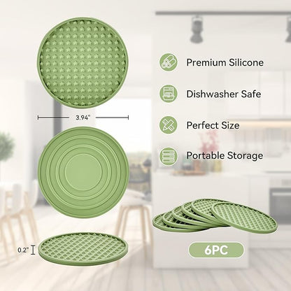 Coasters for Drinks, Silicone Coasters Set of 6 with Metal Holder, Outdoor Coaster for Coffee Table, Non-Slip Rubber Table Cup Mat Desk, Heat Resistant & Scratch-Proof (Green)