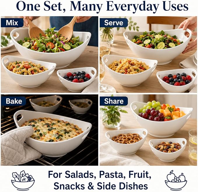 Ceramic Serving Bowls with Handles, Large Salad Bowl Set - Image 5