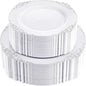 102PCS White and Silver Plastic Plates - Heavyweight Silver Plate - Wedding Plate with Silver Rim - Fancy Dinner & Dessert Plates for 51 Guests Weddings & Parties