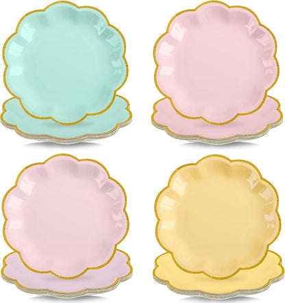 48 Pcs Pastel Scalloped Paper Plates 7 Inch Disposable Macaron Colorful Dessert Plates with Gold Edge Gradient Rainbow Party Supplies for Wedding Birthday Baby Shower Bridal Summer Decorations