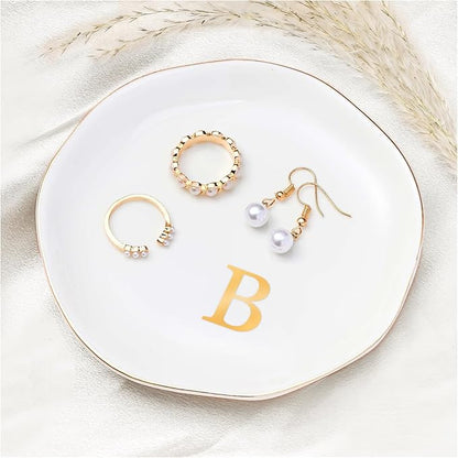 ProCase Ceramic Jewelry Tray, Initial Ring Dish Trinket Plate Engagement Gift, Small Personalized Monogram Ring Bowl for Wedding, White Decorative Jewelry Holder for Women Vanity -Letter B