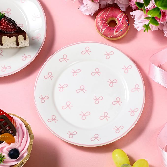 Honeydak 6 Pcs 6 Inch Pink Bow Ceramic Plates Coquette Bachelorette Tableware - Image 4