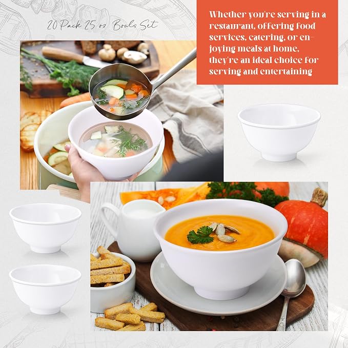 Tioncy 20 Pack Melamine Bowl Set 25 oz White Soup Bowls Set Basic All Purpose - Image 4
