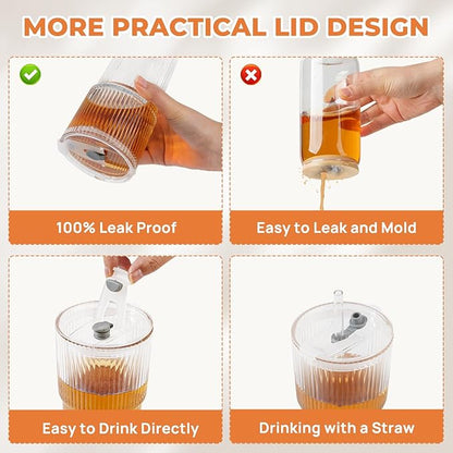 6 Pack 20 Oz Glass Cups with Lids and Straws Iced Coffee Cups Vintage Ribbed Glassware for Beer Ice Coffee Fruit Juice Elegant Aesthetic Cup Glass Iced Coffee Tumbler Include 3 Cleaning Brushes