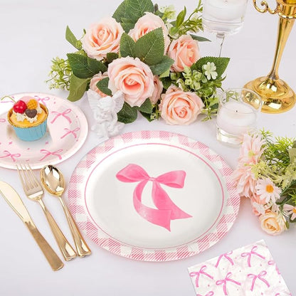 180Pcs Pink Bow Party Supplies Paper Plates and Napkins Serve 60 | Disposable - Image 6