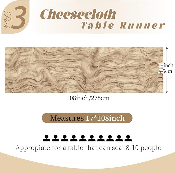 3 Pack Beige Cheesecloth Table Runner, 17 x 108 Inch, Gauze Cheese Cloth Table - Image 2