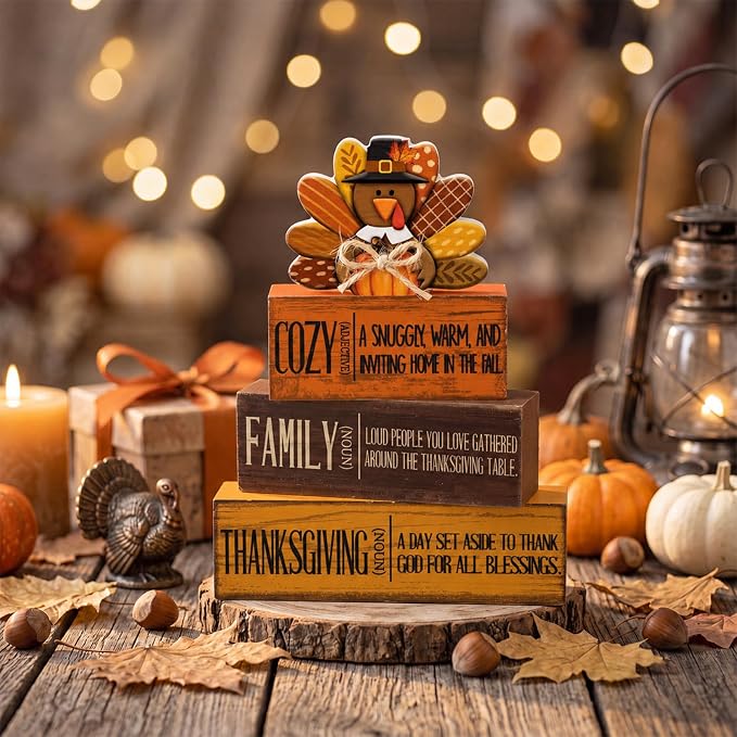 Moucuny 4 Pcs Fall Decorations for Home Wooden Turkey Decor Thanksgiving Tiered - Image 5