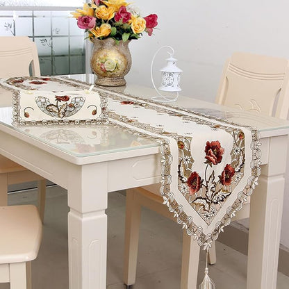 LeLehome 15" X 77" Rufous Flowers Embroidery Beige Table Runner, Floral Rose - Image 2