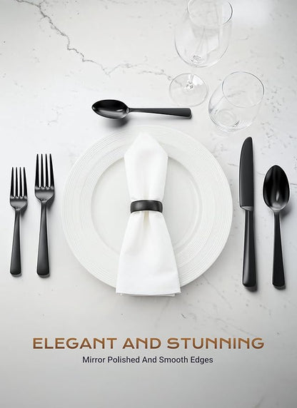 Black Silverware Set, 45-Piece Flatware Set Service for 8, Durable Stainless Steel, Mirror Polished Tableware Eating Cutlery Set, Kitchen Utensils Set with Steak Knives, Dishwasher Safe