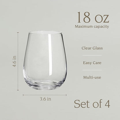 over&back 18oz Traditional Glassware - Set of 4 Classic Stemless Drinking Glasses for Parties, Get-togethers, and More - Mouth-Blown - Wine Cups for Kitchen and Dining Room - Clear