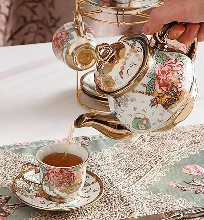 CHANJOON Gold Plated Red Rose Ceramic Tea Set, Vintage Tea Sets - Image 5