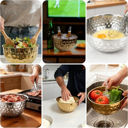 5 Pack Stainless Steel Mixing Bowls Set, Hammered Silver Finish, Nesting Design Metal Salad Bowls Set, 1.6-4.9 QT Capacity, Dishwasher Safe for Cooking, Serving, Food Containers Meal Prep Kit, No Lid