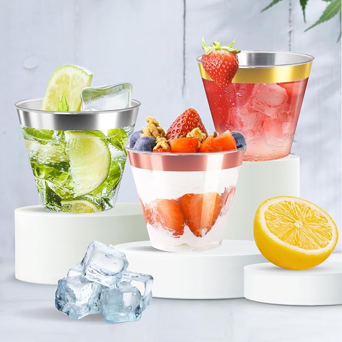 9oz Clear Plastic Cups with Silver Rimmed Sturdy & Food Safe Disposable Wine - Image 5