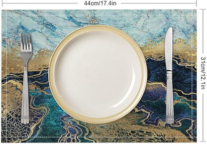 Marble Linen Placemats Set of 2, Modern Luxury Foil Cracked Texture Blue Gold Marble 12x17 Inch Washable Table Mats Non Slip Placemats for Wedding Party Kitchen Banquets Dining Decoration