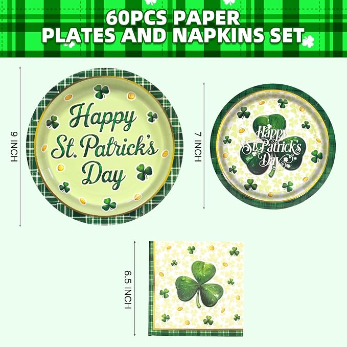 60pcs St.Patrick's Paper Plates and Napkins Party Supply, Serve 20 | Shamrock - Image 5