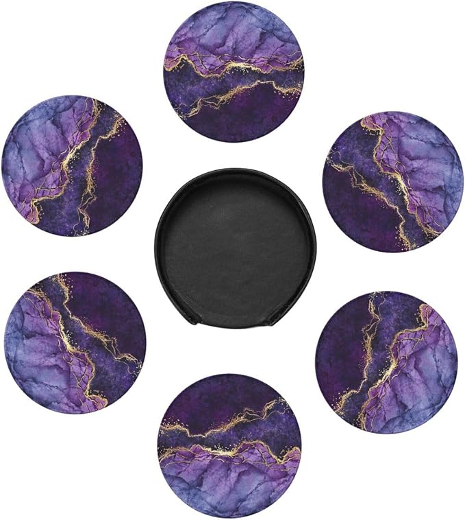 6 Pcs Purple Marble Abstract Gold Leather Coasters - Image 7