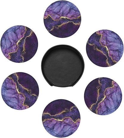 6 Pcs Purple Marble Abstract Gold Leather Coasters - Image 7
