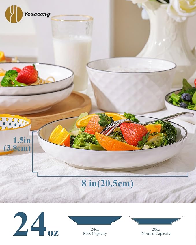 Yeacccng White Pasta Bowls Set of 6, 24oz Ceramic Salad Bowls, 8 inch Shallow - Image 2