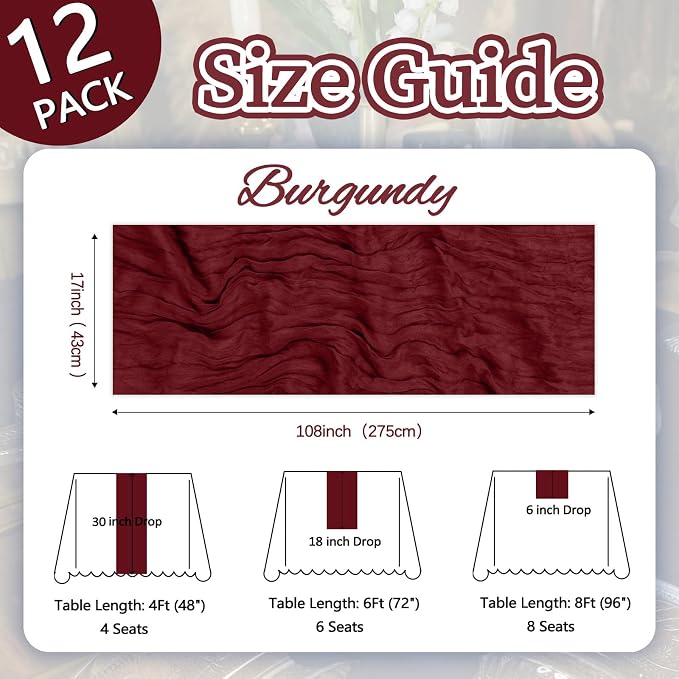 12 Pack Burgundy Cheesecloth Table Runner 17 x 108 Inch | Boho Gauze Cheese - Image 2